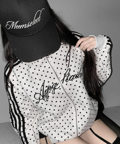 レタリングロゴ刺繍ドットラインオーバースウェットブルゾン ／ lettering logo embroidery dot line over sweat blouson