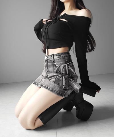【 インパン裏地付 】ダブルハトメベルトヴィンテージデニムミニスカート ／ Double eyelet belt vintage denim mini skirt
