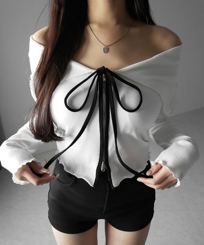 バイカラーリボンオフショルショートトップス ／ bicolor ribbon off shoulder short tops