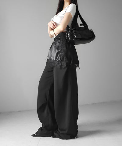 レースドッキングレイヤードスウェットワイドパンツ ／ lace docking layered sweat wide pants