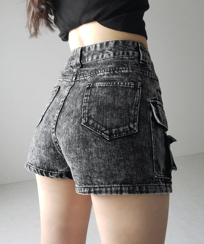 【 デニムセットアップ着用可能 】ヴィンテージケミカルブリーチカーゴデニムミニスカパン ／ vintage chemical bleach cargo denim mini skirt pants