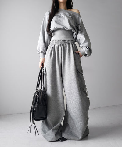 【 裾絞り可能２WAY 】ドローコードタックワイドカーゴスウェットパンツ ／ drawcord tuck wide cargo sweatpants