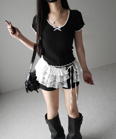 【 ２color 】ミニリボンオープンネック半袖ニットトップス ／ mini ribbon open neck short sleeve knit tops