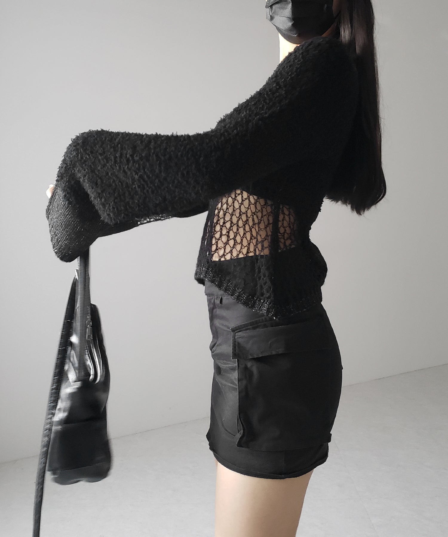 【 ２color 】異素材ドッキングスカシアミニットトップス ／ mixed material docking openwork knit tops