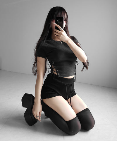 ヴィンテージサイドレースアップカットアウト半袖ショートTシャツ ／ vintage side lace up cutout short short sleeve T-shirts