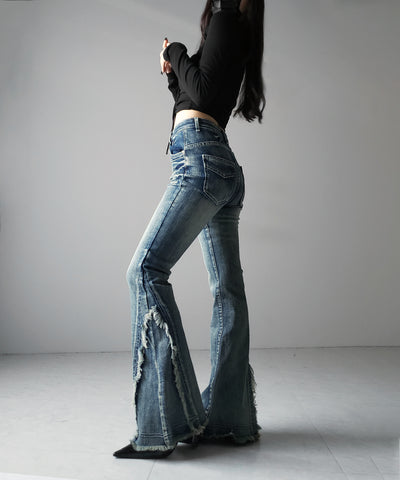【 ２color ／ ４size 】ヴィンテージライクフリンジストレッチフレアデニム ／ Vintage-like fringe stretch flare denim
