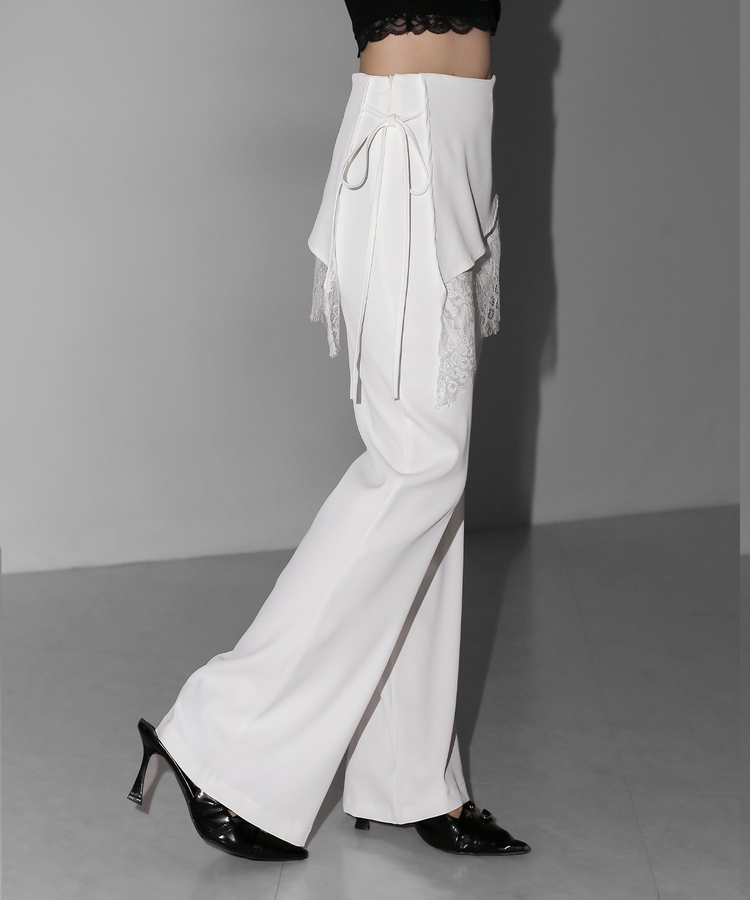 【３size 】レースレイヤードサイドリボンラップフレアスラックス ／ lace layered side ribbon wrap flare slacks