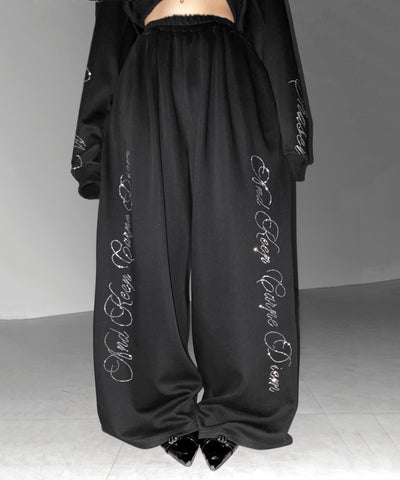 【 セットアップ可能 】ラインストーンロゴワイドスウェットパンツ ／ Rhine stone logo wide sweatpants