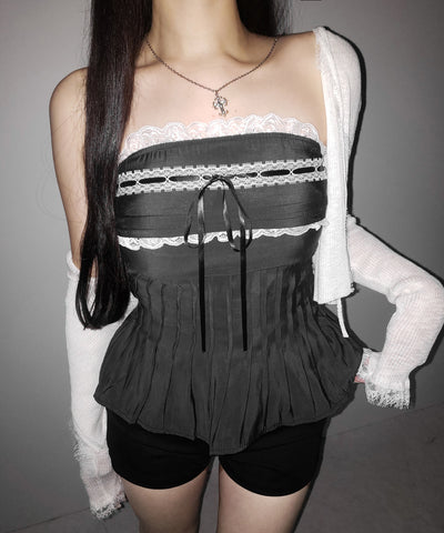 【 ２color 】フロントリボンレースフレアベアトップ ／ front ribbon lace flare bare top