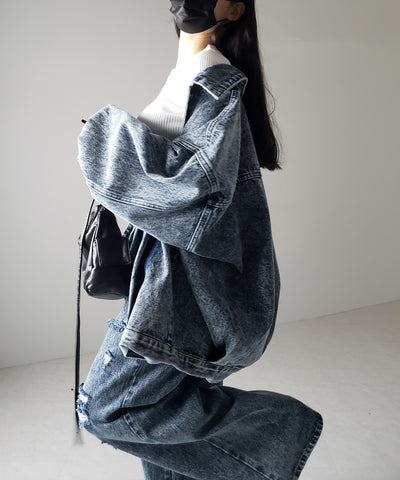 【 デニムセットアップ着用可能 】ヴィンテージケミカルブリーチタックダメージワイドデニム ／ vintage chemical bleach tuck damage wide denim