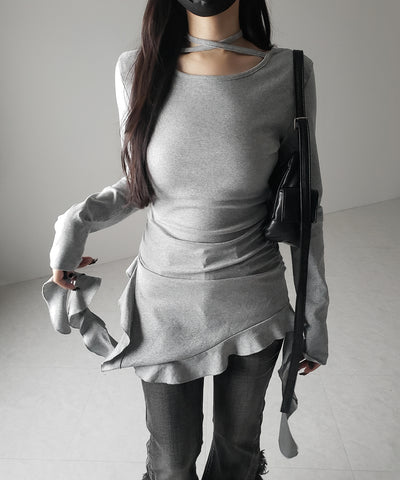 【 ３color 】クロスチョーカーアシンメトリーラッフルフリルトップス ／ cross choker asymmetry ruffle frill tops