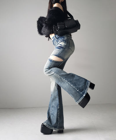 【 ２color ／ ３size 】カットアウトヴィンテージストレッチフレアデニム ／ cutout vintage stretch flare denim