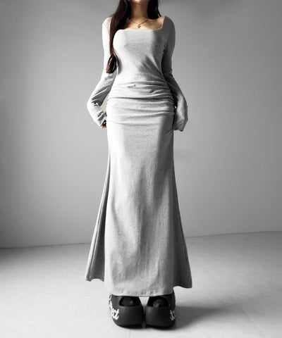 スクエアネックシャーリングマーメイド長袖ロングタイトワンピ ／ Square neck shirring mermaid long-sleeved long tight onepiece