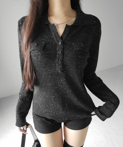 スキッパーボタン長袖ロングニットトップス ／ skipper button long sleeve long sheer knit tops