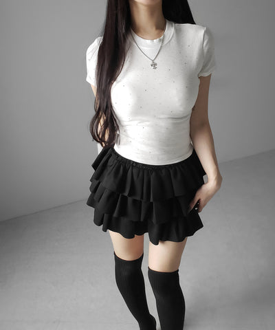 ラインストーン半袖タイトＴシャツ ／ Rhinestone short sleeve tight T-shirt