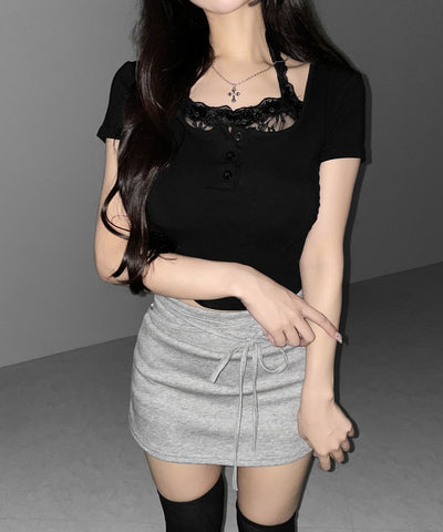 レースレイヤードホルターヘンリーネック半袖Ｔシャツ ／ lace layered halter henley neck short sleeve T-shirt