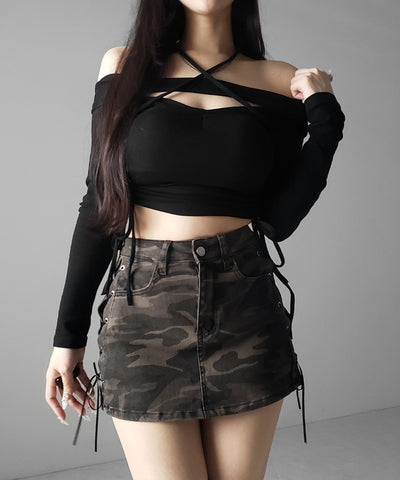 ヴィンテージカモフラレースアップデニムミニスカパン ／ vintage camouflage lace up denim mini skirt pants