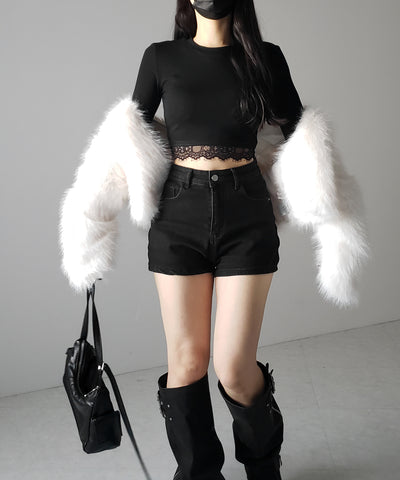 【 裏起毛 】裾レースドッキングショートＴシャツ ／ hem lace docking short Tee