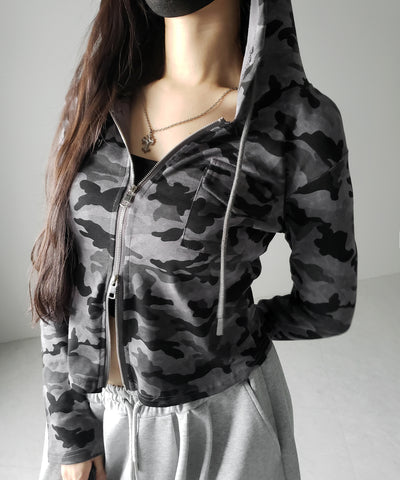 ヴィンテージカモフラダブルジップカットパーカー ／ vintage camouflage double zip cut hoodie
