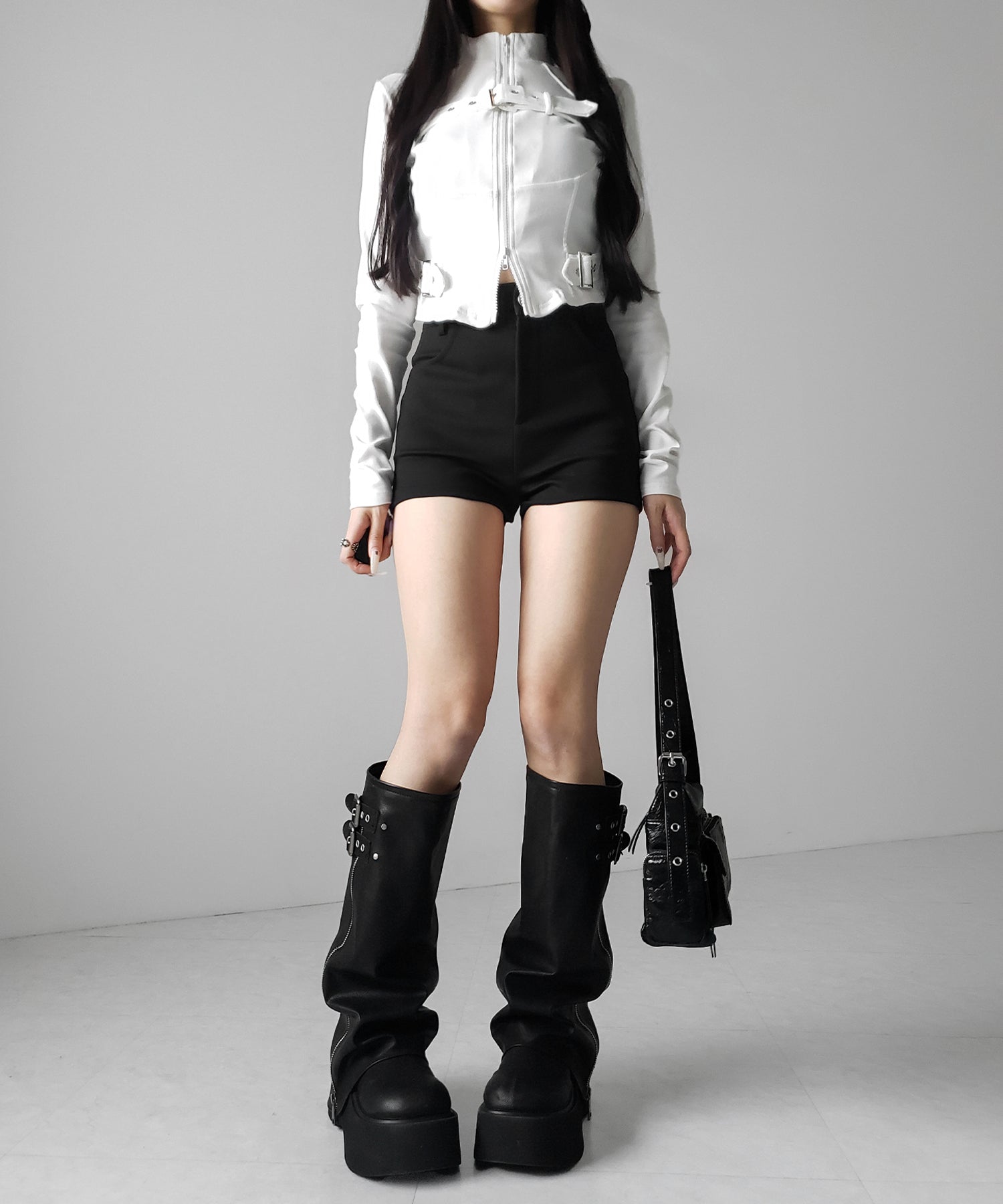 スタンドカラーベルテッドダブルジップスリムトップス ／ stand collar belted double zip slim tops