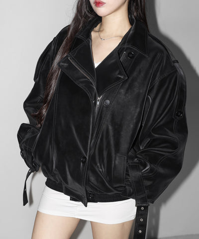 ヴィンテージフェイクレザーベルテッドジップアップオーバーブルゾン ／ Vintage fake leather belted zipup over blouson