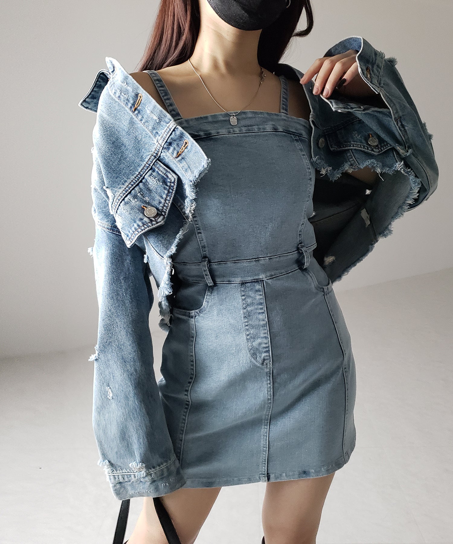 【 ２color 】ウォッシュデニムハイウエストミニキャミワンピース ／ wash denim high waist mini cami onepiece