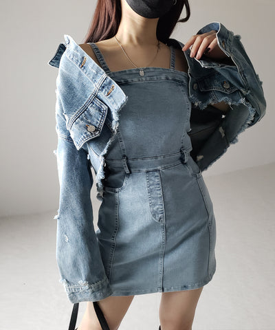 【 ２color 】ウォッシュデニムハイウエストミニキャミワンピース ／ wash denim high waist mini cami onepiece