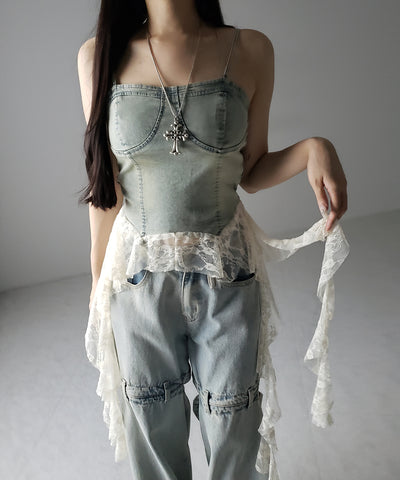 【 ２color 】ヴィンテージライクレースフリルデニムビスチェ ／ vintage like lace frill denim bustier