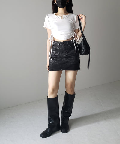 【 ２color 】サイドシャーリングリボン半袖ショートＴシャツ ／ side shirring ribbon short Tee