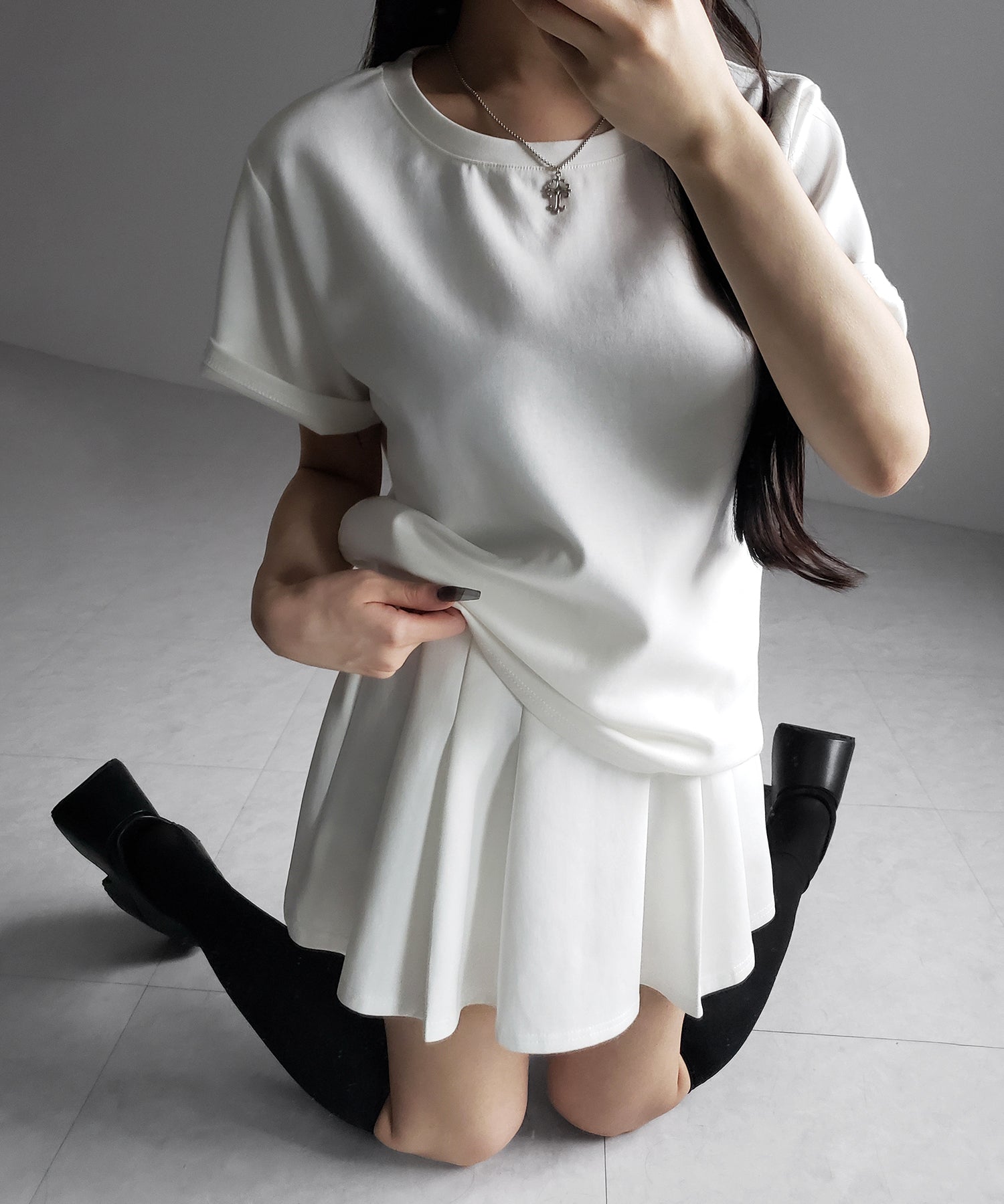 【 セットアップ 】オーバーサイズ半袖Ｔシャツ＋プリーツミニスカート SET ／( SETUP ) oversize shortsleeve Tee + pleated mini skirt SET