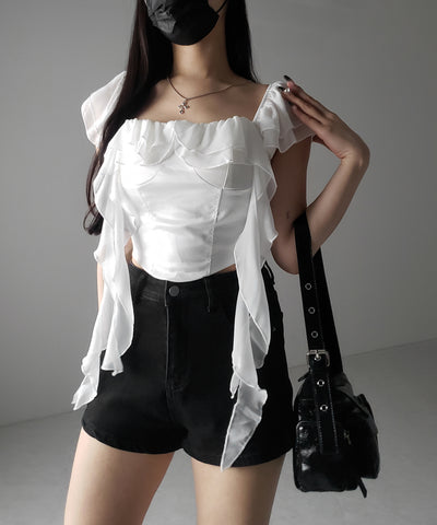 【 ２color ／ ２WAY 】シアーフリルコルセットサテンショートブラウス ／ sheer frill corset satin short blouse