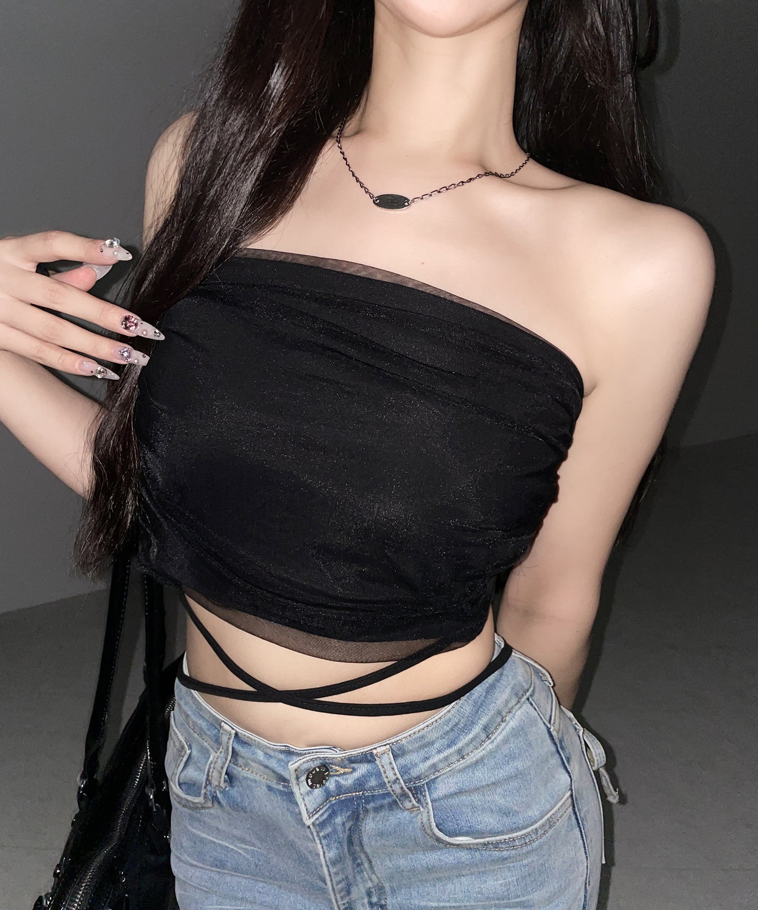 ウエストクロスチュールドッキングベアトップ ／ waist cross tulle docking bare top