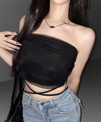 ウエストクロスチュールドッキングベアトップ ／ waist cross tulle docking bare top