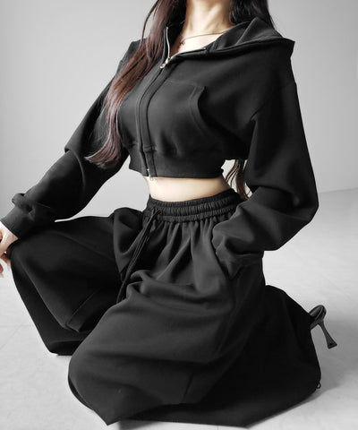 【 セットアップ 】ダブルジップショートパーカー ＋ タックワイドスウェットパンツ SET ／ double zip short hoodie + tuck wide sweat pants SET