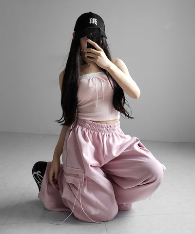 フロントリボンレースショートキャミソール ／ front ribbon lace short camisole