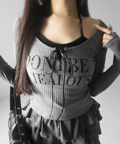 【 クロスネックにできる２WAY 】レースアップフェイクレイヤードロゴカットソートップス ／ laceup fake layered logo cutsew tops