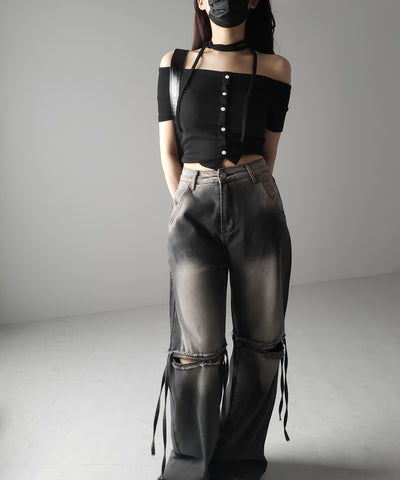 【 ４size ／ ２color 】カットアウトストラップヴィンテージルーズデニム ／ cutout strap vintage loose denim
