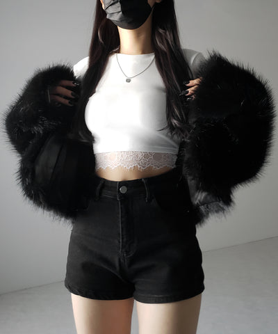 【 裏起毛 】裾レースドッキングショートＴシャツ ／ hem lace docking short Tee