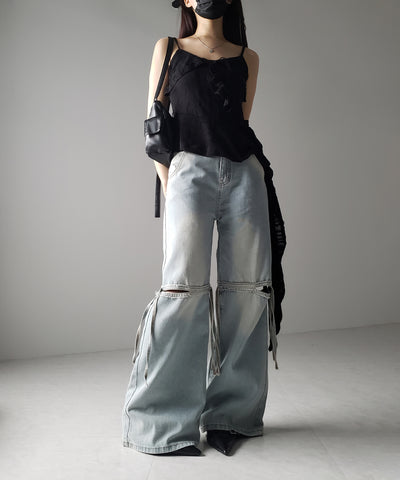 【 ４size ／ ２color 】カットアウトストラップヴィンテージルーズデニム ／ cutout strap vintage loose denim