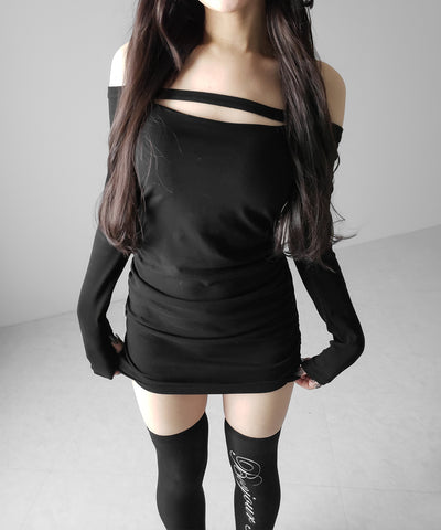 【 クロスネックにもできる３WAY 】フロントリボンオフショルワンホンタイトミニワンピース ／ front ribbon off shoulder wanghong mini onpiece
