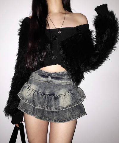【 ２color 】ベルテッドフリルヴィンテージデニムミニスカパン ／ Belted frill vintage denim mini skirt pants