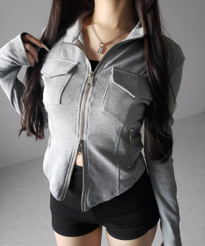 アウトポケットダブルジップスリムリブトップス ／ out pocket double zip slim ribbed tops