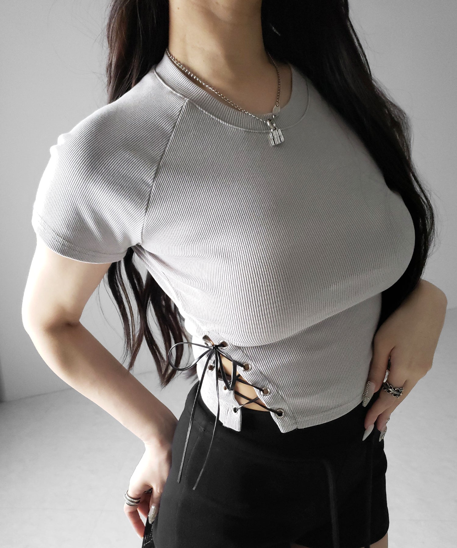 ヴィンテージサイドレースアップカットアウト半袖ショートTシャツ ／ vintage side lace up cutout short short sleeve T-shirts