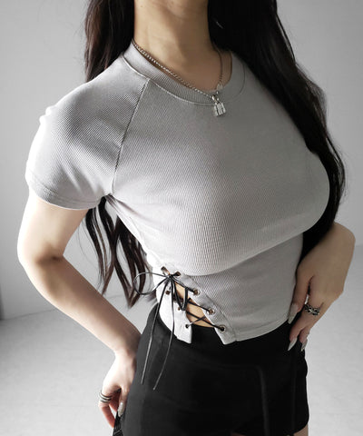 ヴィンテージサイドレースアップカットアウト半袖ショートTシャツ ／ vintage side lace up cutout short short sleeve T-shirts