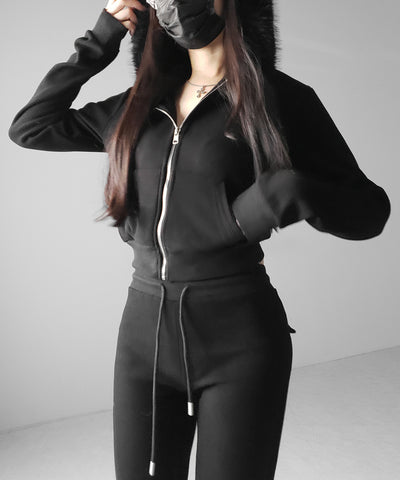 【 セットアップ 】ファーフードショートパーカー＆スウェットフレアパンツ ／ Fur short hoodie ＆ sweat flare pants SETUP