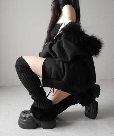 【 セットアップ 】裏起毛ファーフードオーバージップパーカー＆スウェットショートパンツ ／ Urakimo fur over zip hoodie ＆ sweat short pants SETUP
