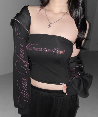 【 セットアップ可能 】ラインストーンロゴベアトップ ／ Rhine stone logo bare top