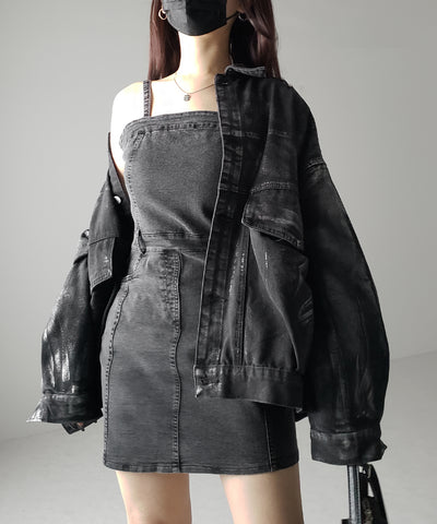 【 ２color 】ウォッシュデニムハイウエストミニキャミワンピース ／ wash denim high waist mini cami onepiece