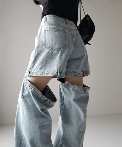 【 選べる３サイズ 】バックオープンカットアウトウォッシュワイドデニム ／ Back open cutout washed wide denim