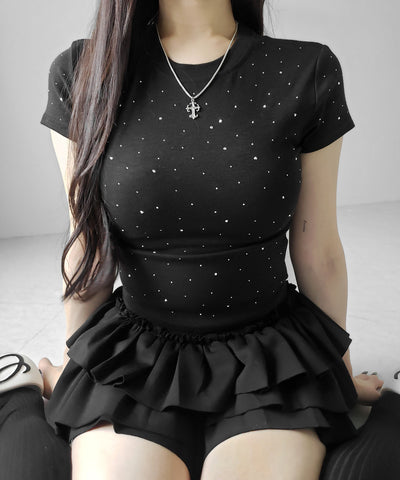 ラインストーン半袖タイトＴシャツ ／ Rhinestone short sleeve tight T-shirt